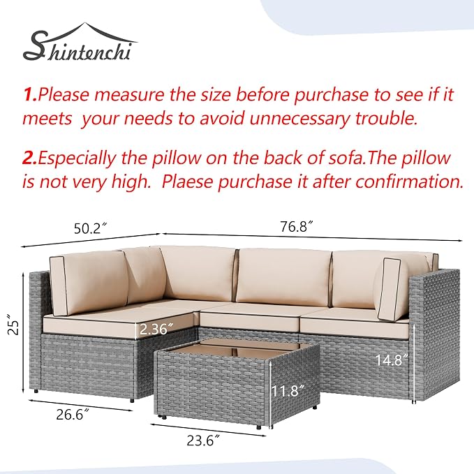 Shintenchi 5 Pieces Outdoor Patio Furniture Sets, Patio Sectional Sofa Couch - Image 2