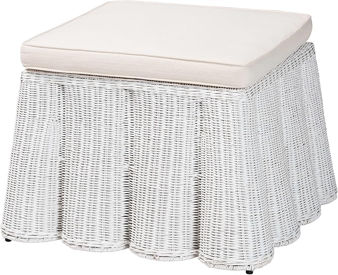 Bali & pari Palm Bohemian White Scallop Rattan Ottoman by balipari