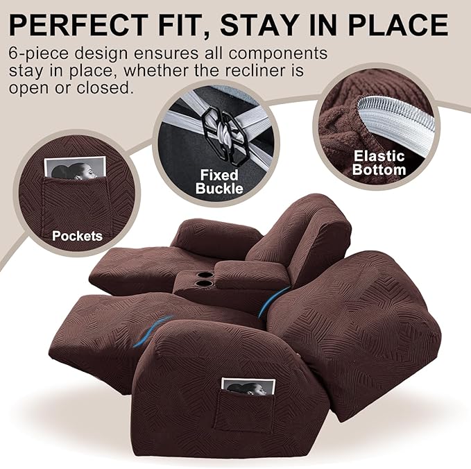 Recliner Loveseat Covers with Console, 6-Piece Stretch Geometric Strokes - Image 4