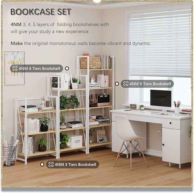 4NM No Assembly Folding Bookshelf Storage Shelves 4 Tiers Vintage Bookcase - Image 6