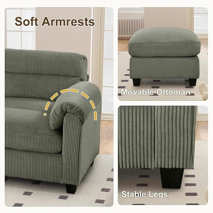 HAOMARKETS Corduroy Sofa Set, Upholstered Ottoman, Modern Loveseat and 3-Seater - Image 3