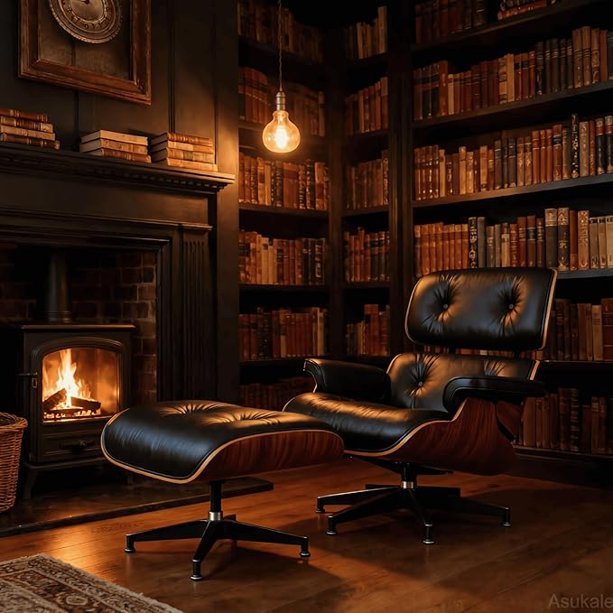 Top Black Grain Leather, Mid Century Chaise Lounge Chair and Ottoman, Accent - Image 6