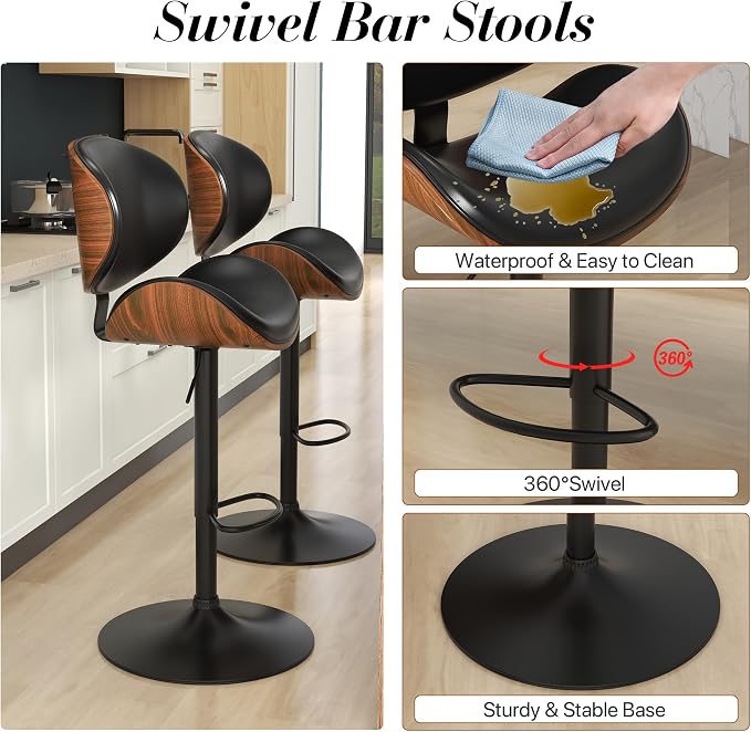 KCC Bar Stools Set of 2, Swivel Adjustable Height Barstools, PU Leather - Image 4
