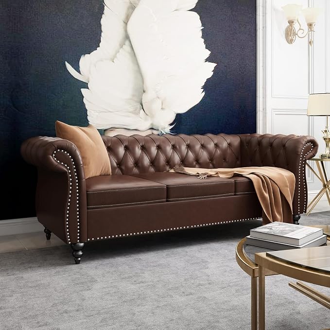 AVZEAR Chesterfield Leather Sofa 3 Seater Couch, Mid-Century Large Sofa Roll - Image 4