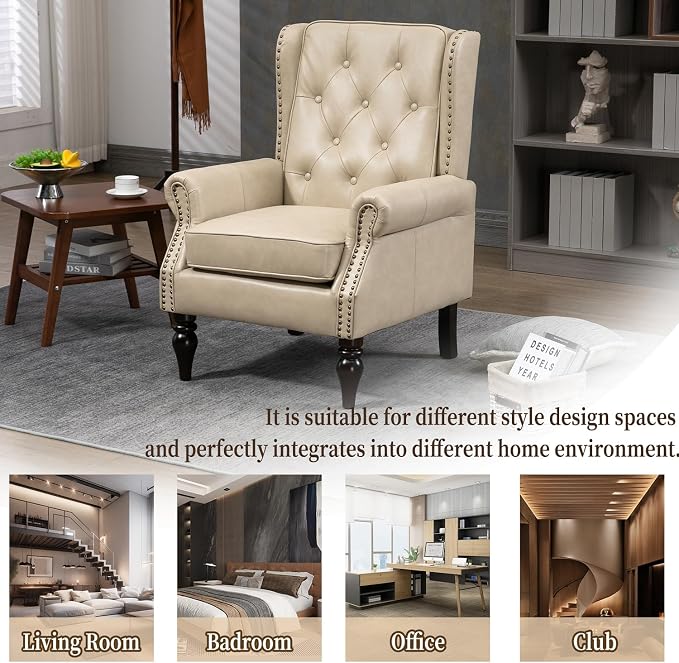 Mid-Century High Wingback Chair Set of 2, Faux Leather Accent Chair Armchair - Image 6