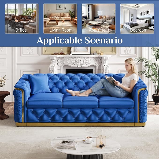 84.6" Luxury Chesterfield Sofa Velvet Tufted Sofa Black and Gold Couch - Image 5