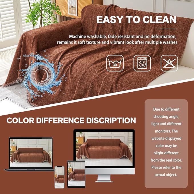 DREAMINGO Chocolate Brown Couch Cover Soft Chenille Sofa Cover - Image 6