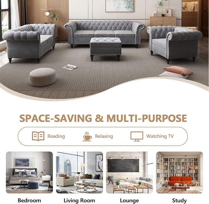 QHITTY 3 Piece Living Room Set, Sectional Chesterfield Sofa Chair Contemporary - Image 6