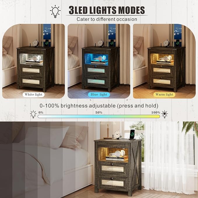 Farmhouse Night Stand with Gun Drawer, Bedside Table with Charger Station - Image 5