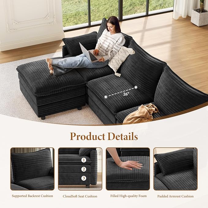 Vesgantti 108" Cloud Couch for Living Room, Deep Seat Sectional Modular Sofa - Image 4