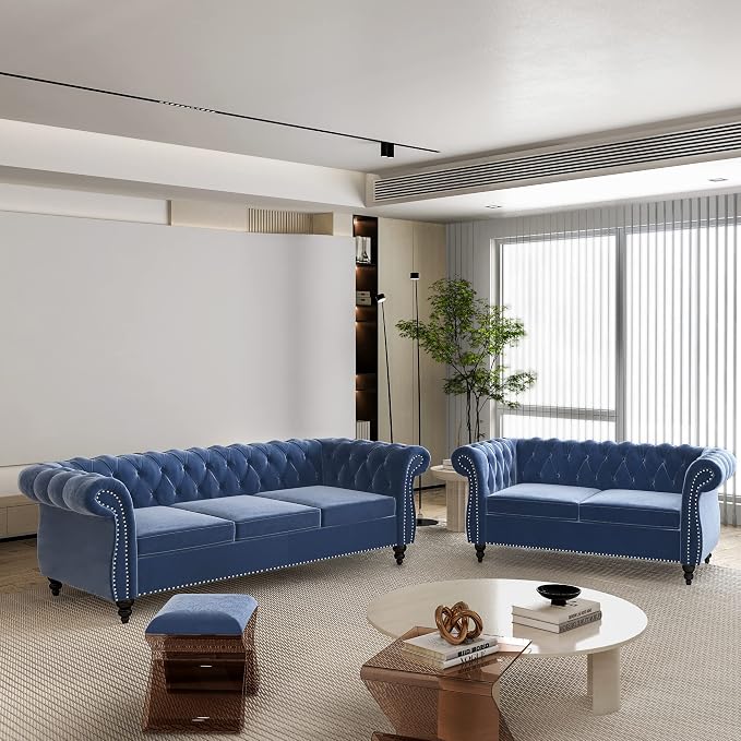 ORRD 2 Pieces Living Room Set, Velvet Couch Chesterfield Sofa Loveseat by ORRD
