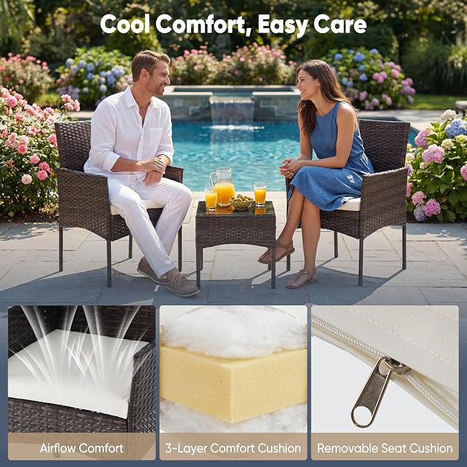 DUMOS 3 Piece Patio Furniture Set, All-Weather Outdoor Wicker Chairs - Image 6
