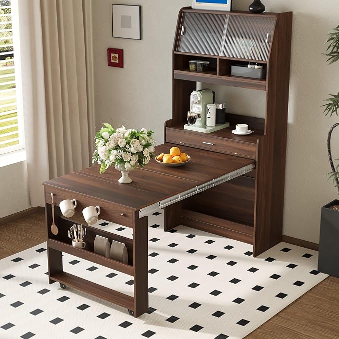 Compact Buffet with Hutch and Foldable Dining Table, 2-in-1 Buffet by SIYSNKSI