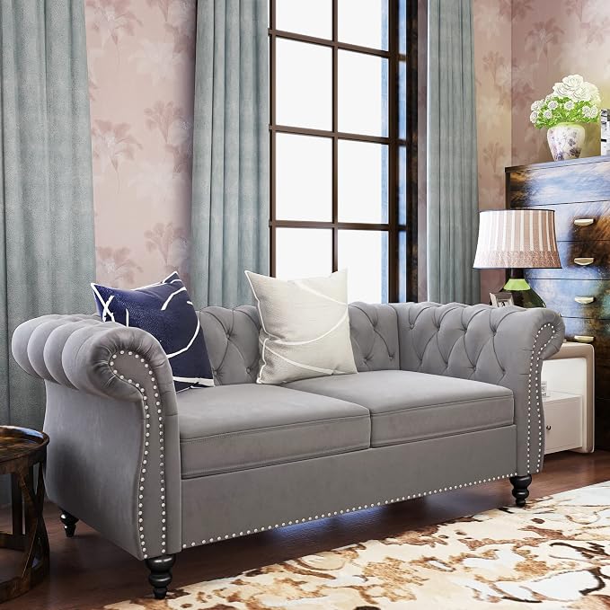 2 Piece Living Room Set, Velvet Chesterfield Sofa Loveseat Couch - Image 4