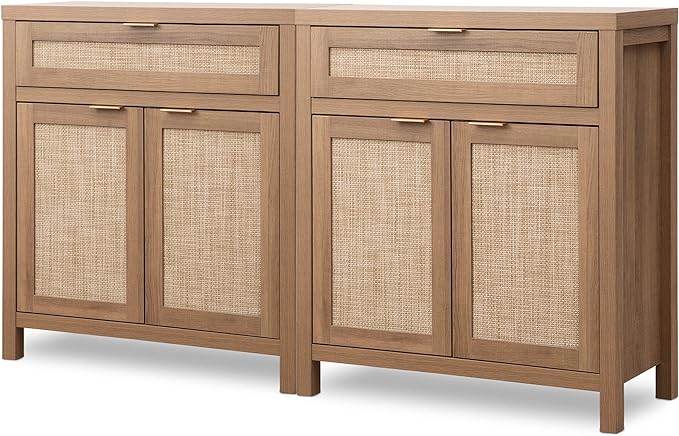 SICOTAS Sideboard Buffet Cabinet Set of 2, Rattan Credenza Storage Cabinet by SICOTAS