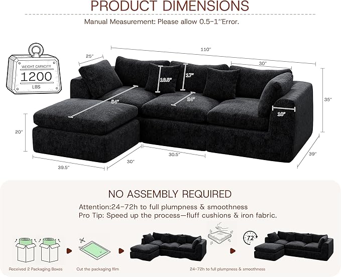 110'' Oversized Cloud Sectional Boneless Couch - Image 2