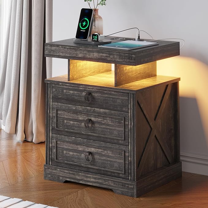 HNEBC Nightstand with Gun Drawers, LED Farmhouse Night Stand with Charging - Image 11