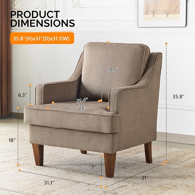 VINGLI Light Brown Mid-Century Accent Chairs Set of 2, Upholstered Armchair - Image 2
