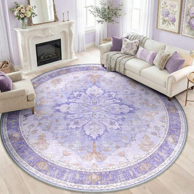 RELEANY Area Rugs Round 8ft Washable Non-Slip, Floral Vintage Distress Print by RELEANY