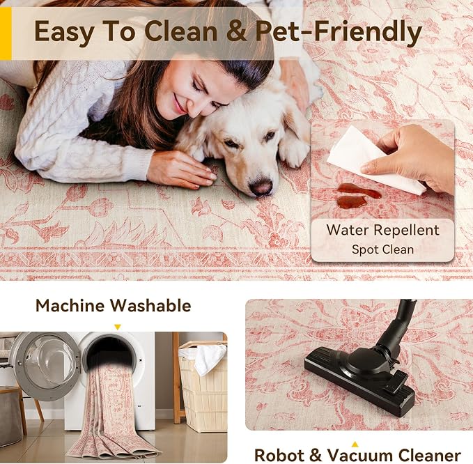 RELEANY Area Rugs 9'x12' Washable Non-Slip, Floral Vintage Distress Print - Image 5