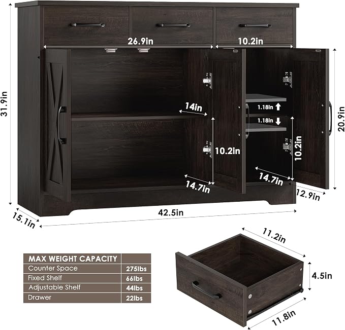 HOSTACK Modern Farmhouse Buffet Sideboard Cabinet, Barn Doors Storage Cabinet - Image 3