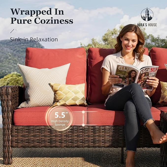 HERA'S HOUSE Red Patio Furniture Set, Oversized Outdoor Wicker Conversation Set - Image 2