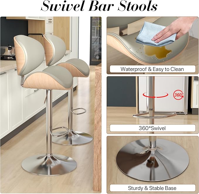 KCC Bar Stools Set of 6, Swivel Adjustable Height Barstools, PU Leather - Image 4