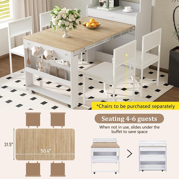 Compact Buffet with Hutch and Foldable Dining Table, 2-in-1 Buffet - Image 5