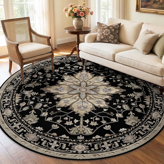 RELEANY Area Rugs Round 6ft Washable Non-Slip, Floral Vintage Distress Print by RELEANY