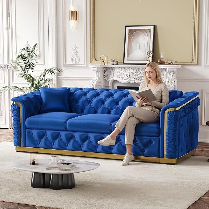 84.6" Luxury Chesterfield Sofa Velvet Tufted Sofa Black and Gold Couch - Image 3