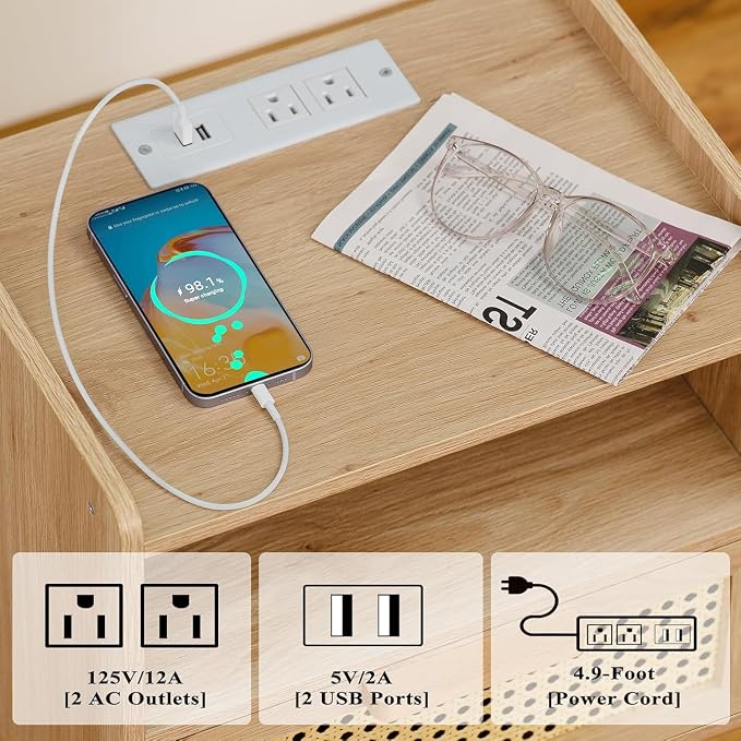 Lerliuo Rattan Nightstand with Charging Station, Boho Night Stand with Handmade - Image 6