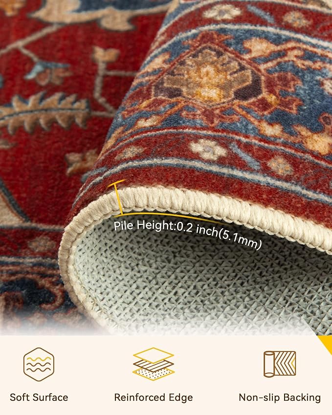 RELEANY Area Rugs Round 8ft Washable Non-Slip, Floral Vintage Distress Print - Image 4