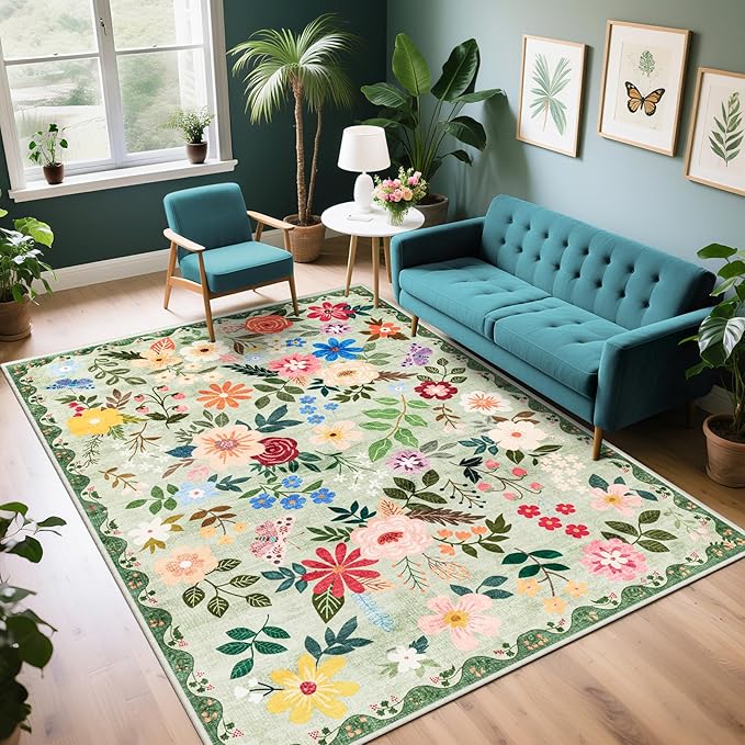 Area Rug Living Room Rugs: Floral 5x7 Washable Rug Vintage Soft Boho Non-Slip by PLHXFRSoftAreaRugs