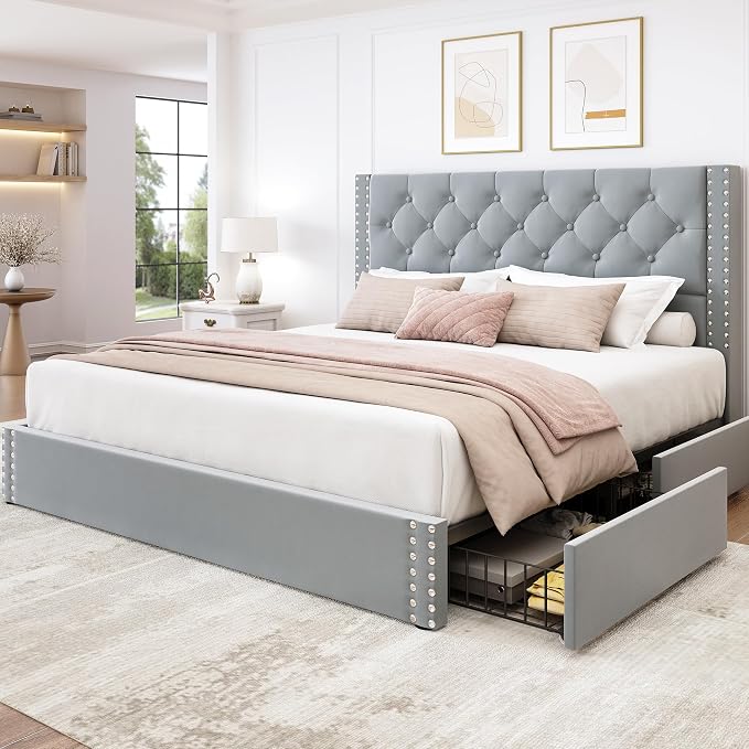 LARMACE Queen Size Bed Frame Upholstered Platform Bed by LARMACE