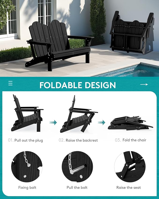 SERWALL Folding Adirondack Bench, HDPE All-Weather Adirondack Loveseat Set of 2 - Image 5
