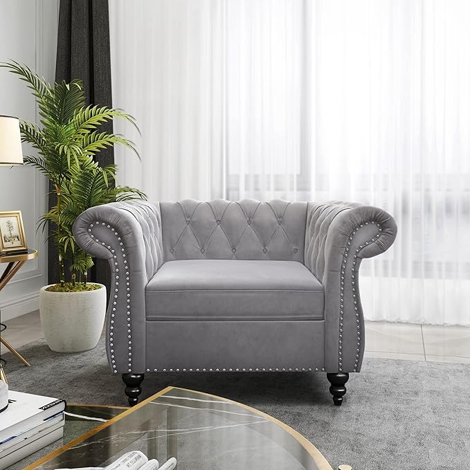 2 Piece Living Room Set, Velvet Chesterfield Sofa Couch Chair - Image 5