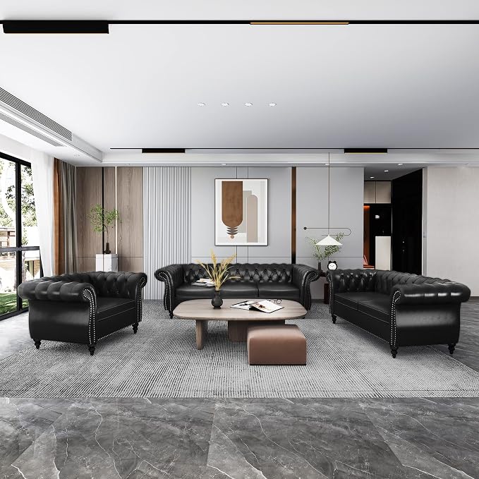 3 Piece Living Room Set, Chesterfield Leather Sofa Loveseat Couch Chair - Image 3