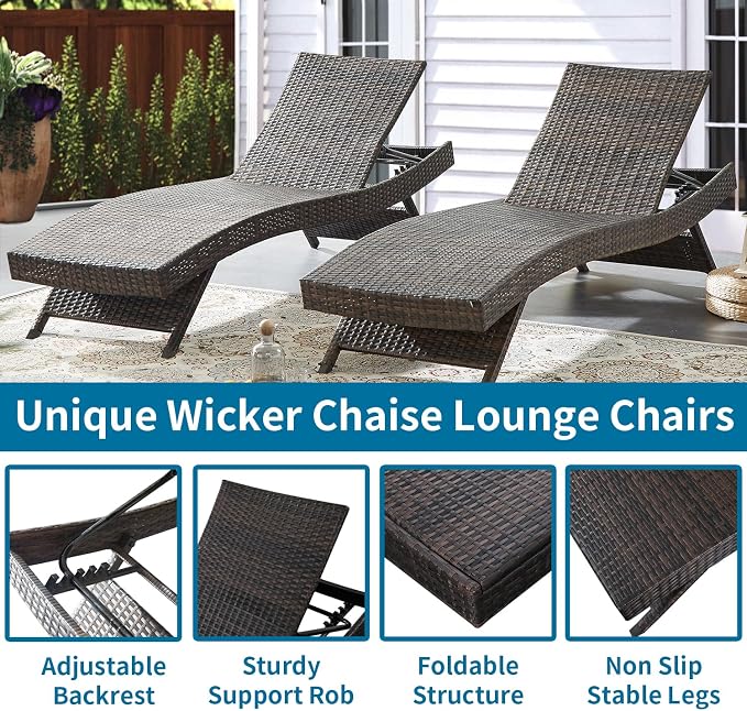 Outdoor Chaise Lounge Chairs + Coffee Tables Set of 6 - Image 3
