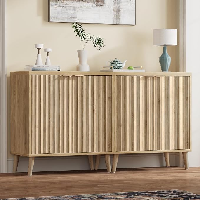 Homleke Buffet Cabinet with Storage, Modern Fluted Accent Sideboard with Doors - Image 3