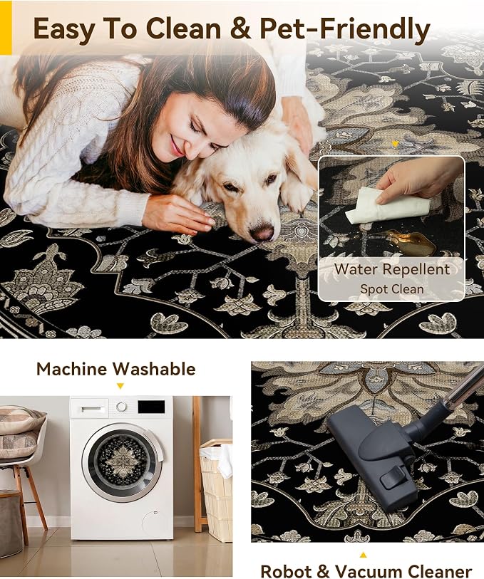 RELEANY Area Rugs Round 6ft Washable Non-Slip, Floral Vintage Distress Print - Image 5
