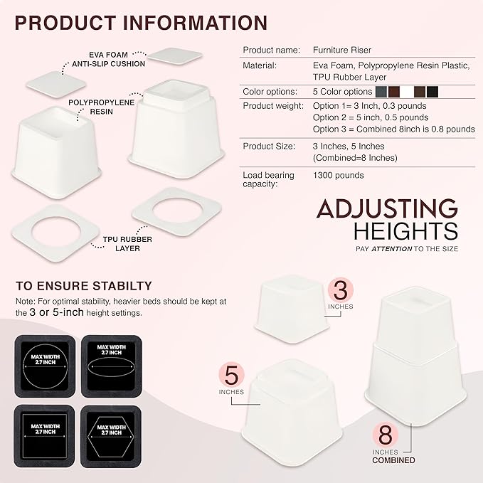 Utopia Bedding Bed Riser, 3 & 5 Inches Adjustable Furniture Risers - Image 5