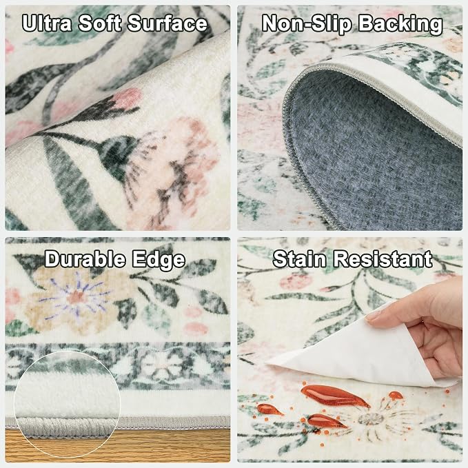 Round Area Rug for Living Room: 6 ft Floral Washable Circle Rug Soft Non-Slip - Image 6