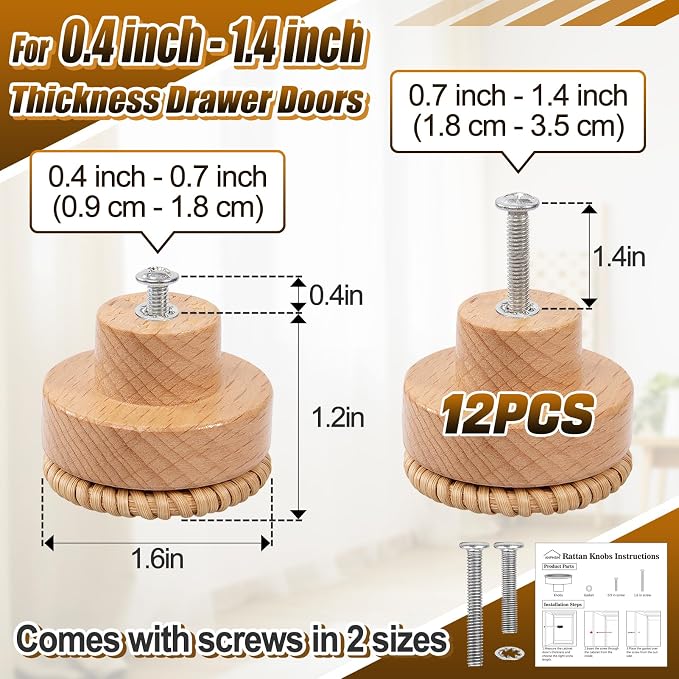 ANPHSIN 12 Pack Boho Wood Dresser Drawer Knobs- Handmade Rattan Woven Cabinet - Image 5