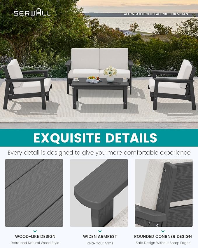 SERWALL HDPE Outdoor Furniture Set 4, All Weather Wood-Like Outdoor Sofa - Image 6
