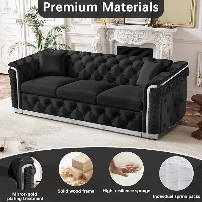 Luxury Chesterfield Sofa Set of 2, Velvet Tufted Couch Victorian Black and - Image 7