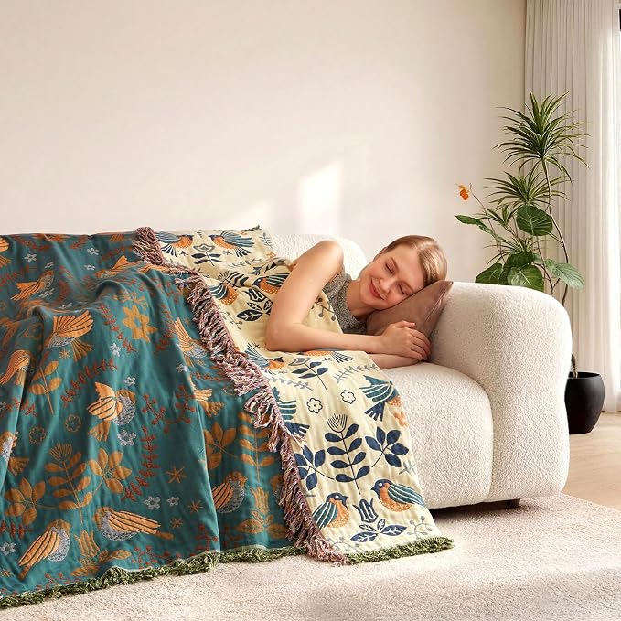LUTBM Queen Throw Blanket for Bed 100% Cotton Boho Soft Quilt Birds and Floral - Image 8