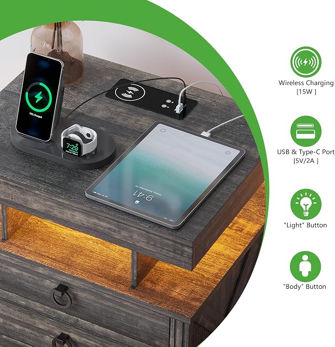 HNEBC Nightstand with Gun Drawers, LED Farmhouse Night Stand with Charging - Image 5