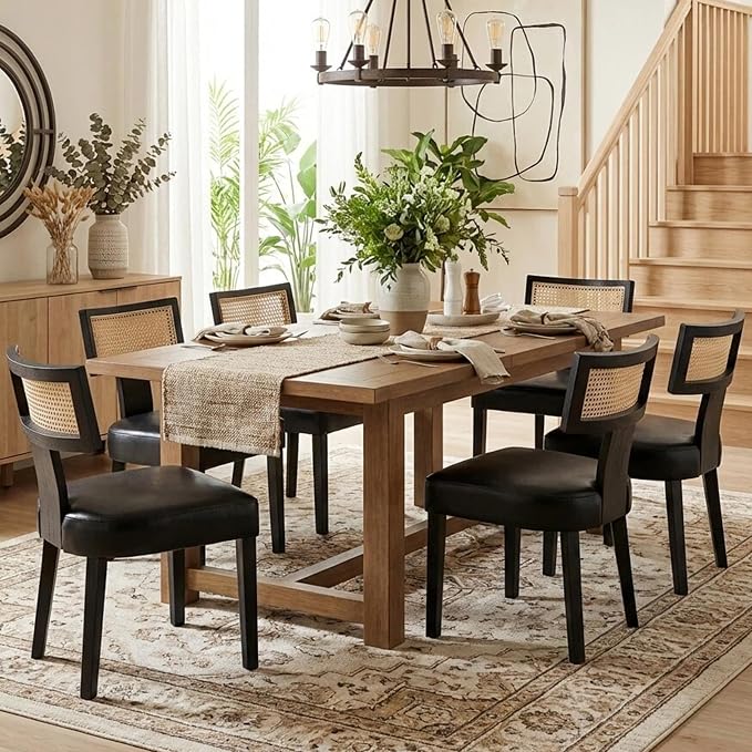 HNY Mid Century Modern Rattan Dining Chairs Set of 4, Farmhouse PU Leather - Image 7