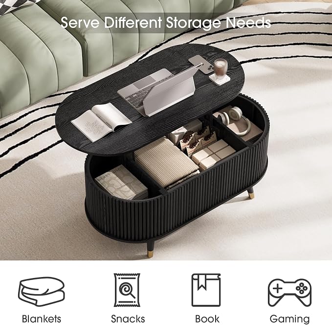 SULIVES Oval Coffee Table with Storage, Small Fluted Center Table - Image 3