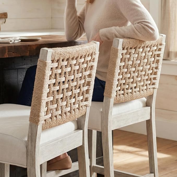 27" White Bar Stools for Kitchen Counter, Mid Century Linen Fabric Counter - Image 6